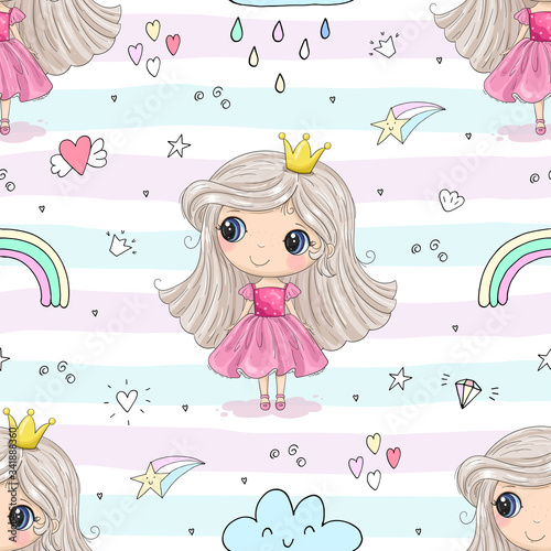 Cute hand drawn with cute little girl vector seamless pattern illustration. Cute Cartoon Princess. Hand drawn vector illustration with girl cute print