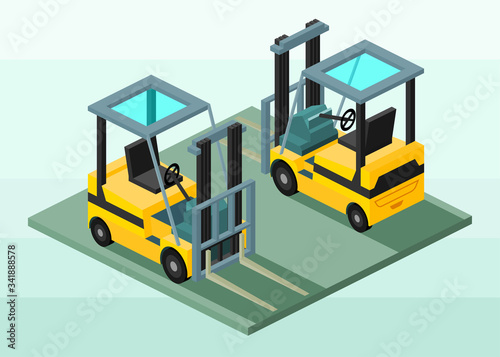 Isometric Vector Illustration Representing Forklift Using Front and Rear Position for Info Graphic Or Map