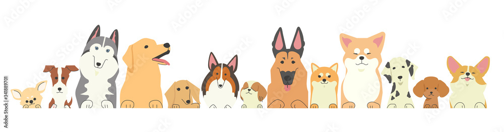 前足を乗っけているいろいろな種類の犬たちの列 前足を乗っけているいろいろな種類の犬たちの列