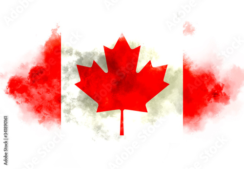 Canada flag performed from color smoke on the white background. Abstract symbol.