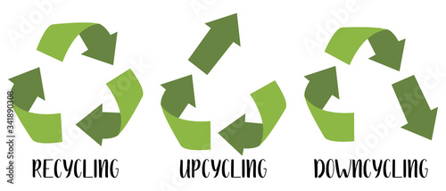 Vector recycling, upcycling and downcycling signs, isolated on white background. Green reuse symbols for ecological design. Zero waste lifestyle.