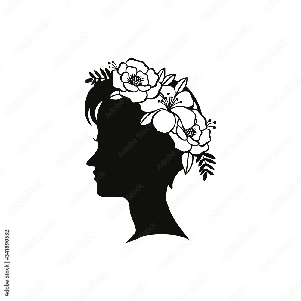Silhouette young female hairstyle with flowers Silhouette young female hairstyle with flowers