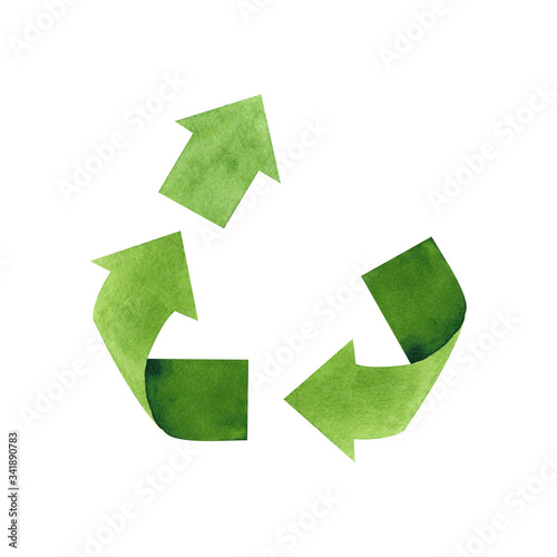 Watercolor upcycling sign, isolated on white background. Hand drawn reuse symbol for ecological design. Zero waste lifestyle.