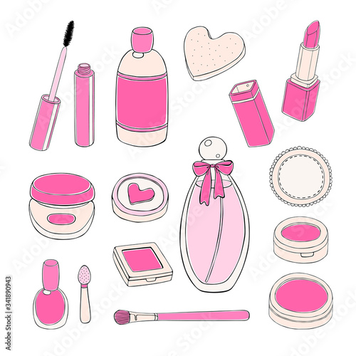 Pink makeup collection, vector set 