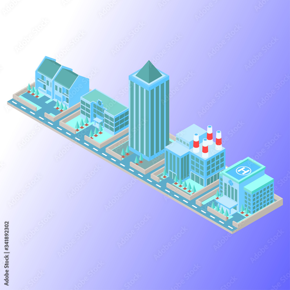Isometric Vector Illustration Representing Couples of Building in One Line using Soft Color