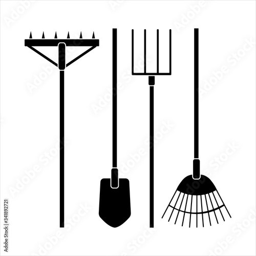 Shovel or spade, rake and pitchfork icons isolated on white background. Black silhouettes of garden items. Design sites icons for offerings. Vector and stock illustration.