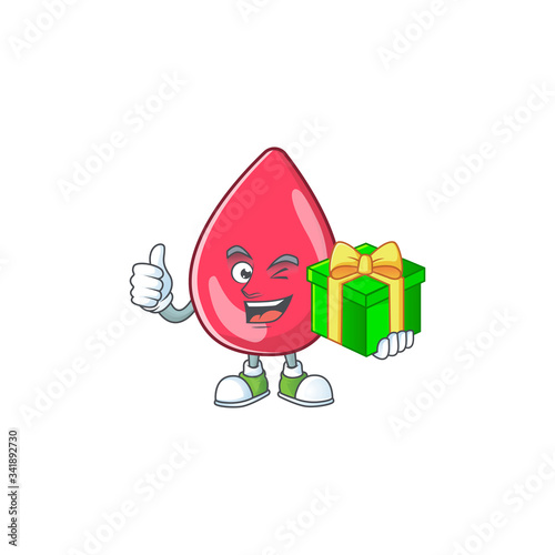 Smiley red blood cartoon character holding a gift box