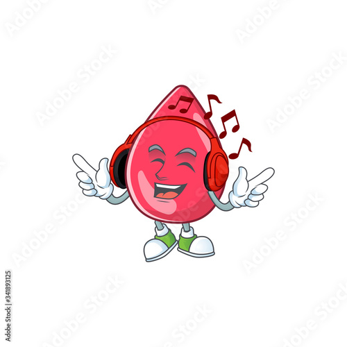 Cartoon mascot design red blood enjoying music with headset
