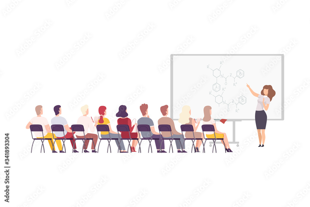 Female Physics Professor Teaching Students in Classroom, University, College, High School Lesson Flat Vector Illustration Female Physics Professor Teaching Students in Classroom, University, College, High School Lesson Flat Vector Illustration