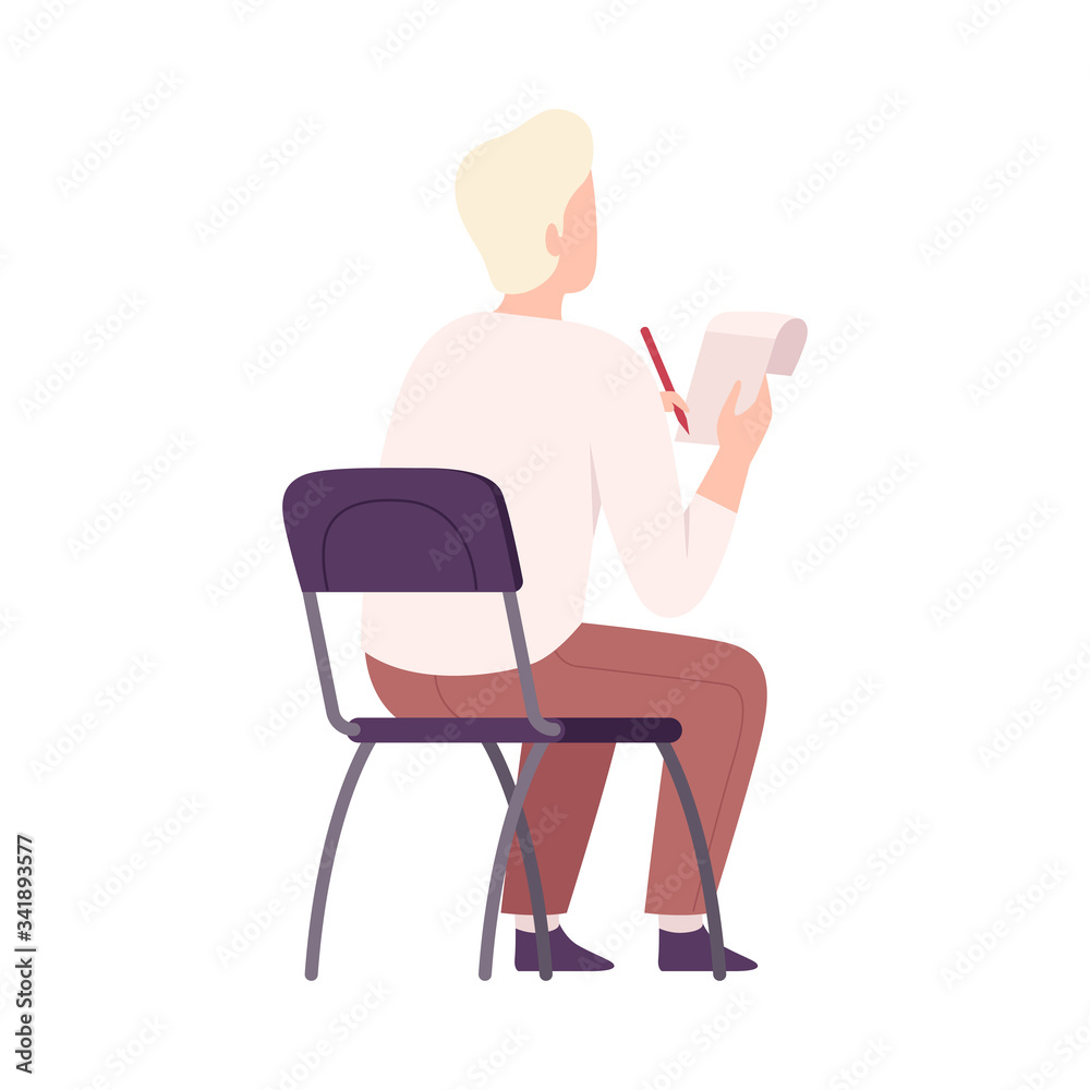 Fototapeta premium Male Student Sitting on Chair in Class, Back View of Young Man Writing in Notebook During University Lecture Flat Vector Illustration
