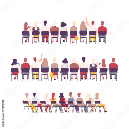 University or College Students Sitting on Chairs in Class, Back View of Young People Studying Together Flat Vector Illustration