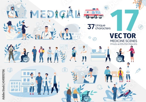 Family Doctors, Medical Specialists, Hospital Nurses, Various Patients, Disabled and Senior People Trendy Flat Vector Characters Set. Hospital Personnel, Online Counseling, Emergency Help Illustration photo