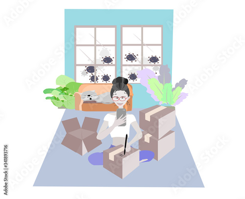 Work from home .Girl is packing the product box for delivery. Women are indoors because of the outbreak of the covid-19 virus. People illustration   vector cartoon character. flat design.