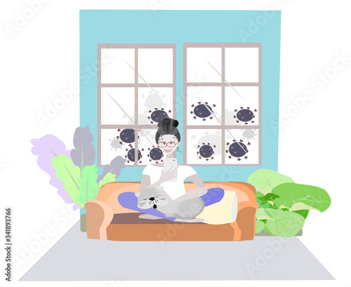  Illustration  vector women and cat sitting on the sofa and using the phone. Girl staying at home Because of an epidemic. Social distancing. People cartoon character on isolated . Flat design.