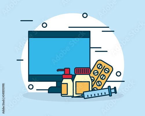 shopping online concept, computer and medicines elements, colorful design
