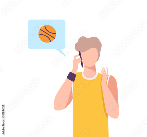 Basketball Coach Working Online at Home Using Smartphone, Social Distancing or Self Isolation Concept Flat Vector Illustration