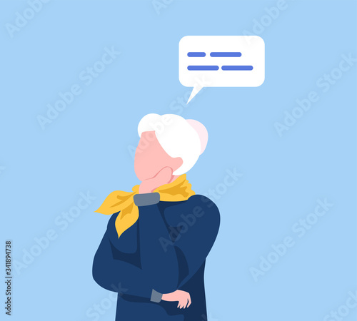 Thoughtful Elderly Woman Communicating with Speech Bubble, Social Networking, Virtual Relationships Flat Vector Illustration