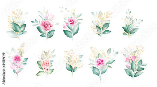 Watercolor floral illustration set. Green & gold leaves, branches, and glitte...