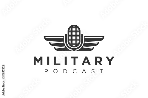 Military podcast microphone with wings logo design silhouette, broadcasting entertain studio.