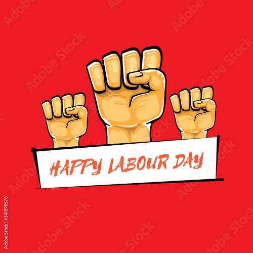 Happy labour day vector label with strong orange fist isolated on red background. vector happy labor day background with man hand. red workers may day poster