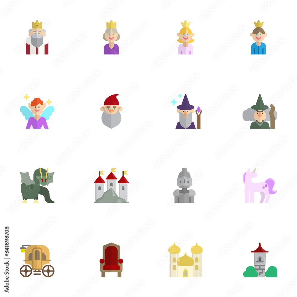 Fairytale, fantasy flat icons set, Colorful symbols pack contains - king, queen, princess, prince, magician, wizard, castle, unicorn, dragon, knight Fairy Tale Vector illustration Flat style design Fairytale, fantasy flat icons set, Colorful symbols pack contains - king, queen, princess, prince, magician, wizard, castle, unicorn, dragon, knight Fairy Tale Vector illustration Flat style design