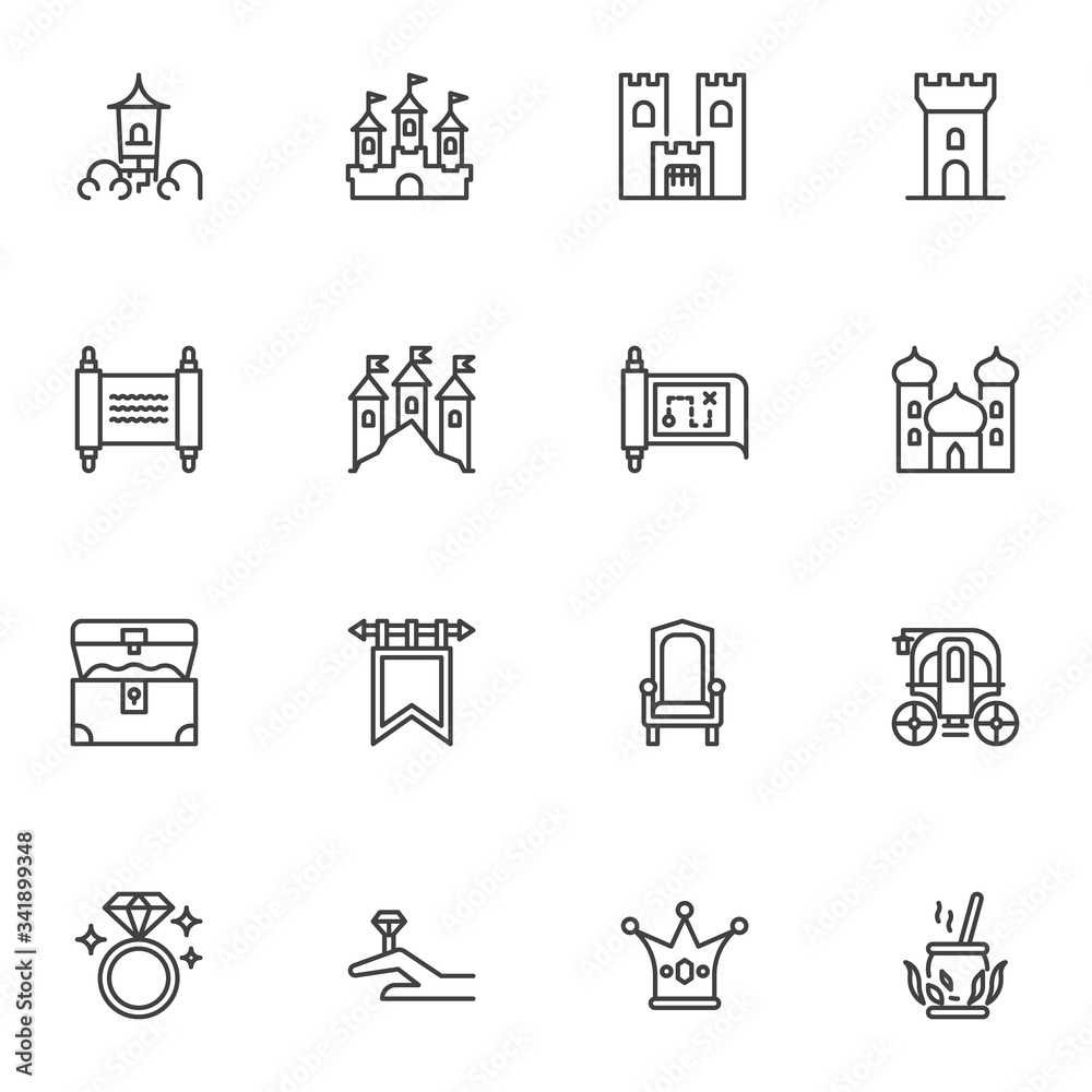 Fairytale, fantasy line icons set, outline vector symbol collection, Fairy Tale linear style pictogram pack. Signs, logo illustration. Set includes icons as medieval castle, treasure map, gold chest