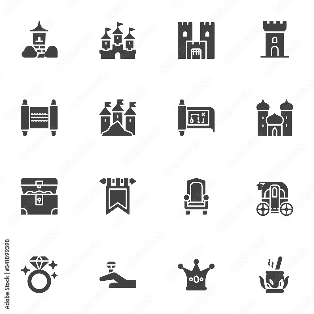 Fairytale, fantasy vector icons set, modern solid symbol collection, Fairy Tale filled style pictogram pack. Signs, logo illustration. Set includes icons as medieval castle, treasure map, gold chest Fairytale, fantasy vector icons set, modern solid symbol collection, Fairy Tale filled style pictogram pack. Signs, logo illustration. Set includes icons as medieval castle, treasure map, gold chest
