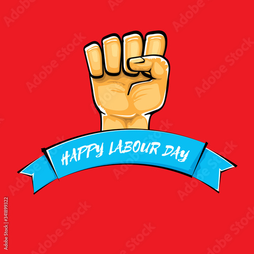 Happy labour day vector label with strong orange fist isolated on red background. vector happy labor day background with man hand. red workers may day poster