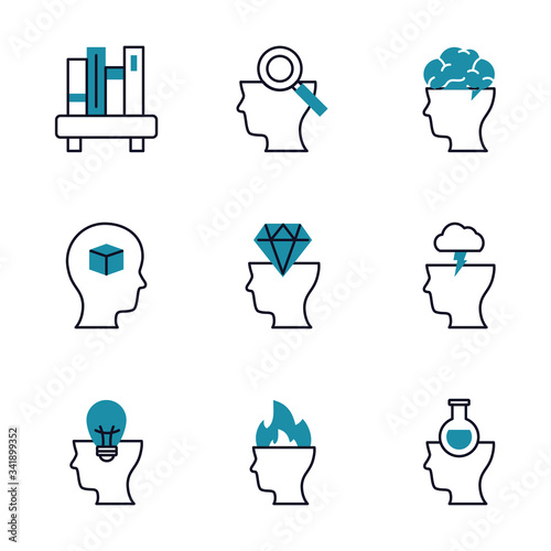 books and Mental health icon set over white background, half line half color style