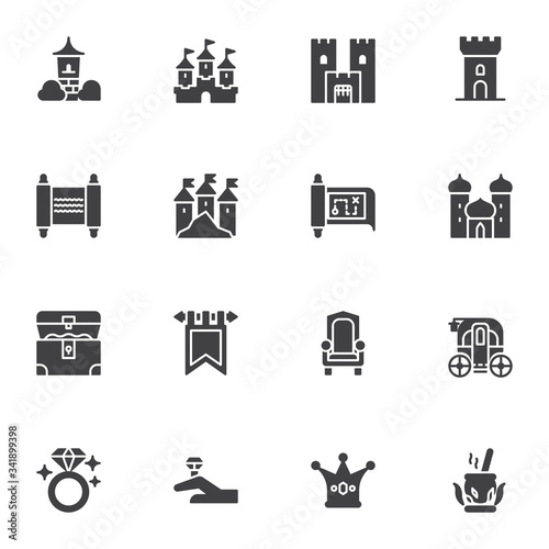 Fairytale, fantasy vector icons set, modern solid symbol collection, Fairy Tale filled style pictogram pack. Signs, logo illustration. Set includes icons as medieval castle, treasure map, gold chest