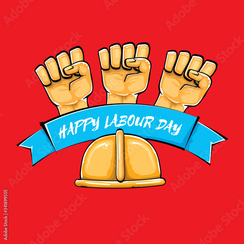 Happy labour day vector label with strong orange fist isolated on red background. vector happy labor day background with man hand. red workers may day poster