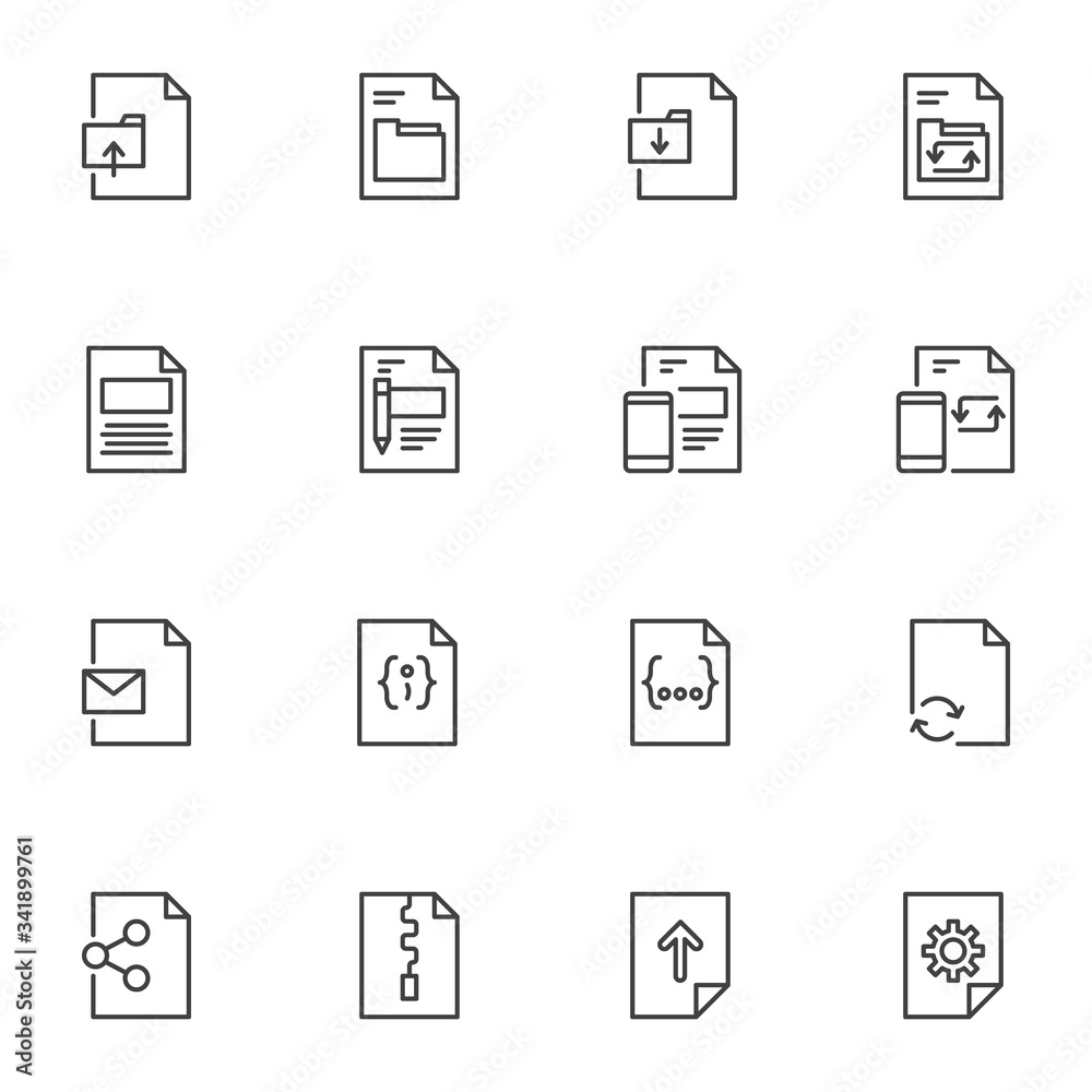 Document files line icons set, outline vector symbol collection, linear style pictogram pack. Signs logo illustration. Set includes icons as download file folder, share doc, update smartphone software
