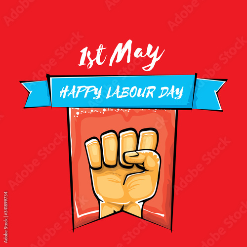 Happy labour day vector label with strong orange fist isolated on red background. vector happy labor day background with man hand. red workers may day poster