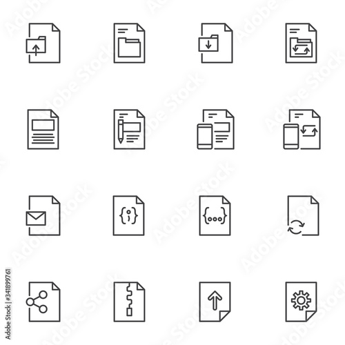 Document files line icons set, outline vector symbol collection, linear style pictogram pack. Signs logo illustration. Set includes icons as download file folder, share doc, update smartphone software
