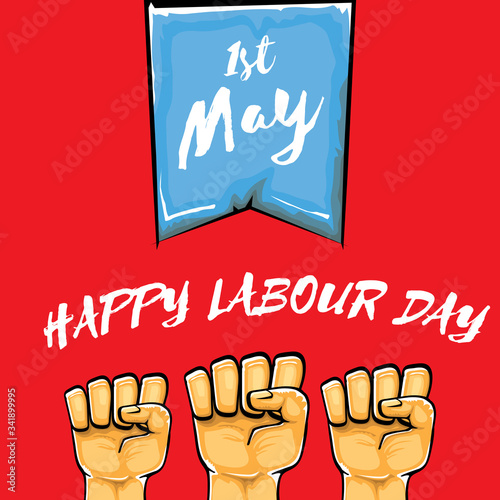 Happy labour day vector label with strong orange fist isolated on red background. vector happy labor day background with man hand. red workers may day poster
