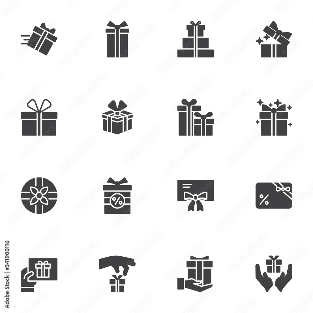 Gift box vector icons set, modern solid symbol collection, filled style pictogram pack. Signs, logo illustration. Set includes icons as birthday present, box with bow ribbon, surprise package