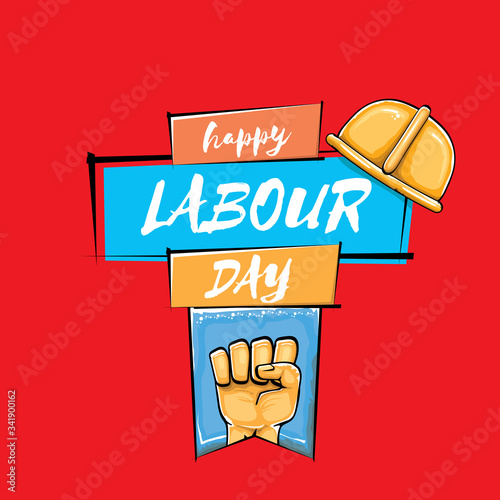 Happy labour day vector label with strong orange fist isolated on red background. vector happy labor day background with man hand. red workers may day poster