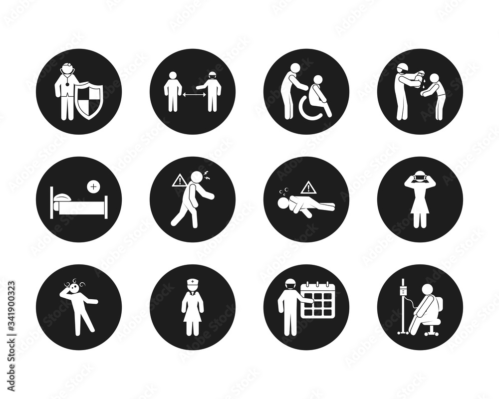pictogram people and Covid 19 preventions icon set, block style pictogram people and Covid 19 preventions icon set, block style
