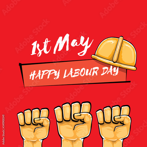 Happy labour day vector label with strong orange fist isolated on red background. vector happy labor day background with man hand. red workers may day poster