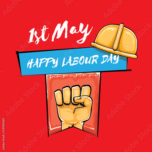 Happy labour day vector label with strong orange fist isolated on red background. vector happy labor day background with man hand. red workers may day poster