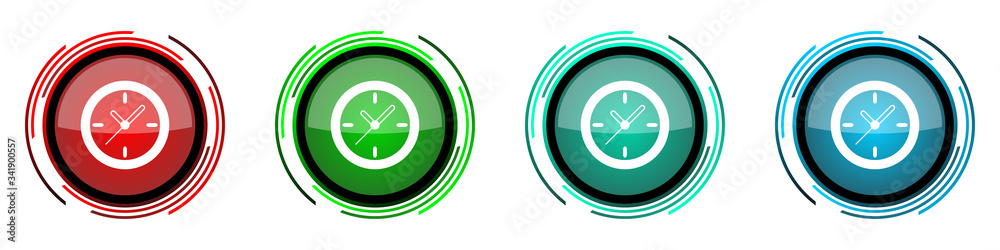 Time, clock, watch round glossy vector icons, set of buttons for webdesign, internet and mobile phone applications in four colors options isolated on white background Time, clock, watch round glossy vector icons, set of buttons for webdesign, internet and mobile phone applications in four colors options isolated on white background