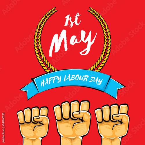Happy labour day vector label with strong orange fist isolated on red background. vector happy labor day background with man hand. red workers may day poster