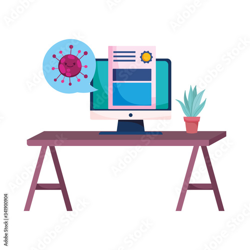 Desk plant diplom and computer with Covid 19 virus vector design