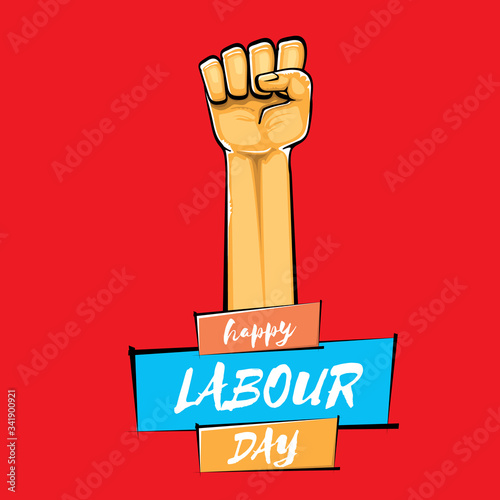 Happy labour day vector label with strong orange fist isolated on red background. vector happy labor day background with man hand. red workers may day poster