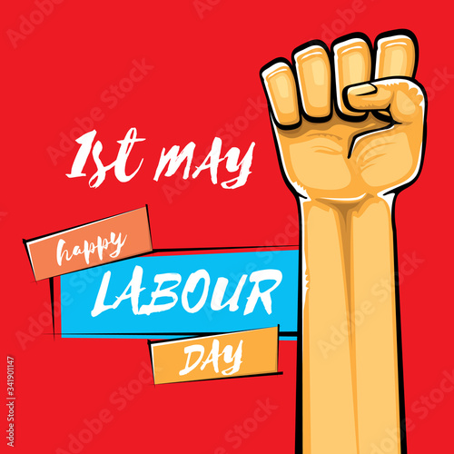 Happy labour day vector label with strong orange fist isolated on red background. vector happy labor day background with man hand. red workers may day poster