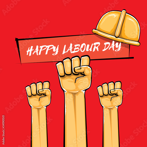 Happy labour day vector label with strong orange fist isolated on red background. vector happy labor day background with man hand. red workers may day poster