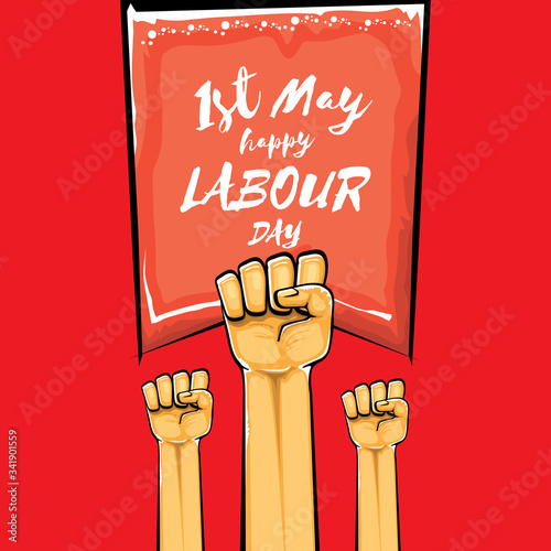 Happy labour day vector label with strong orange fist isolated on red background. vector happy labor day background with man hand. red workers may day poster