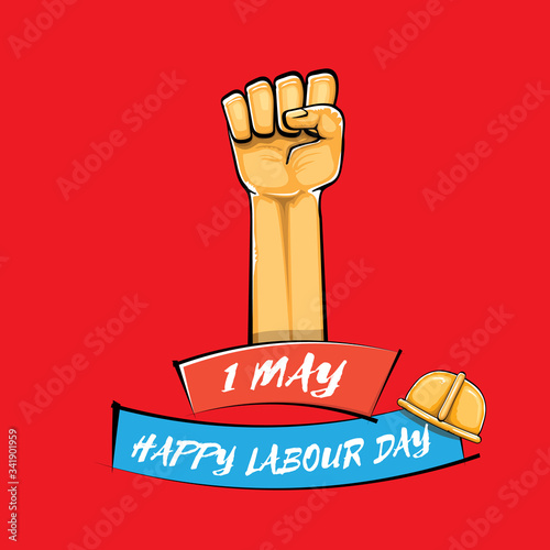 Happy labour day vector label with strong orange fist isolated on red background. vector happy labor day background with man hand. red workers may day poster