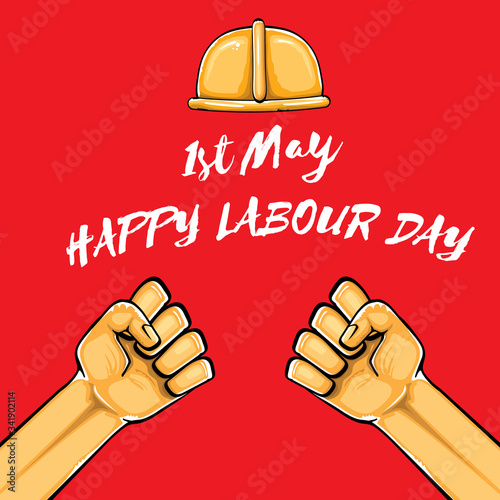 Happy labour day vector label with strong orange fist isolated on red background. vector happy labor day background with man hand. red workers may day poster