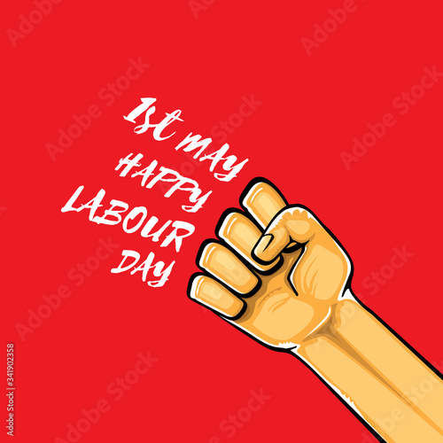Happy labour day vector label with strong orange fist isolated on red background. vector happy labor day background with man hand. red workers may day poster